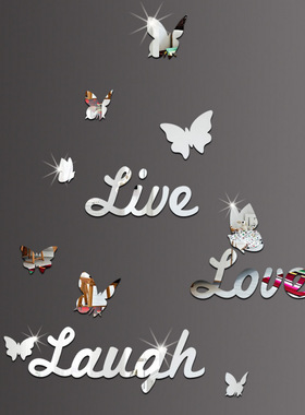 连体英文字live love laugh蝴蝶镜面亚克力墙贴纸可移除装饰定制