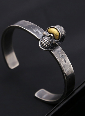 小众银饰男士S925纯银手镯山隆独眼骷髅头镶铜闪电士霸气开口手环