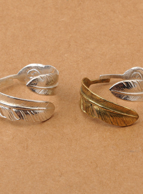 ins小众银饰S925纯银戒指镶铜小羽毛指环男女韩版简约开口戒银戒