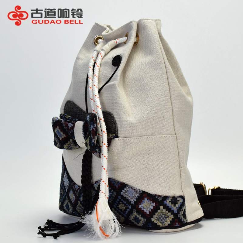 2026新款文艺棉麻双肩包女包白色简约民族布包水桶型收口背包跨境