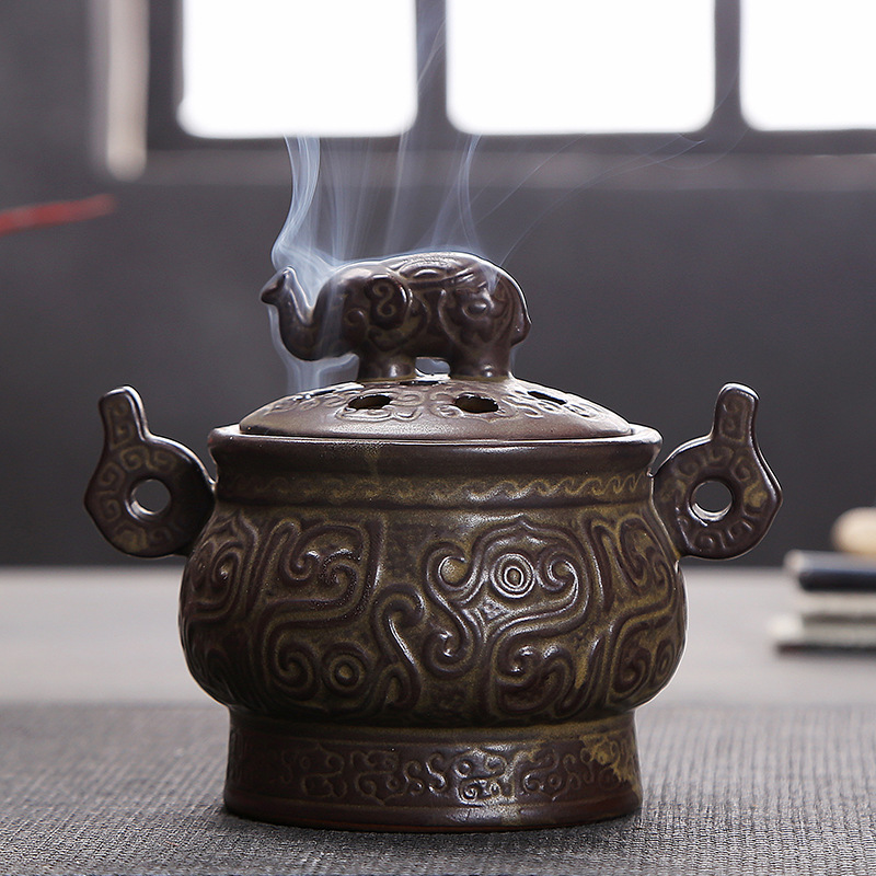 陶瓷仿古吉象鼎盘线香炉家用茶道居室供奉香薰炉家居装饰香器摆件