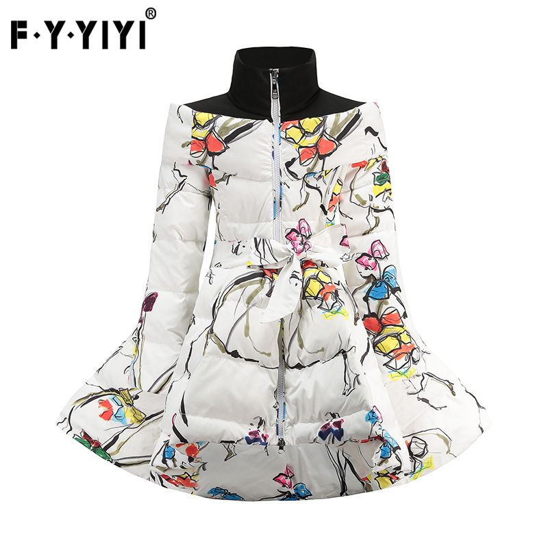 欧美新款羽绒棉服装立领印花束腰蝴蝶结大裙摆儿童冬装