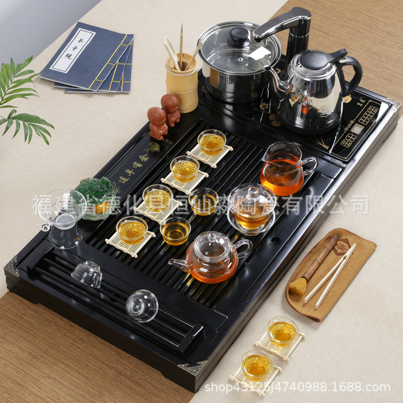 德化整套四合一电磁炉实木茶盘冰裂茶具汝窑紫砂茶具套装特价