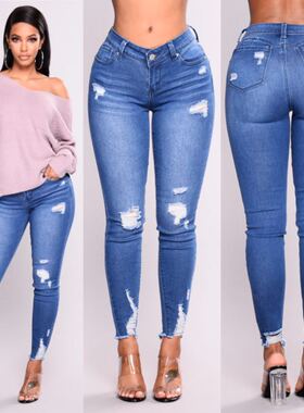 fashion elastic ripped jeans women ladies pants trousers女裤