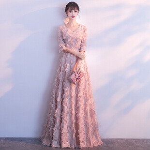 粉色伴娘服2026新款端庄大气长款显瘦主持人晚宴宴会晚礼服长裙女