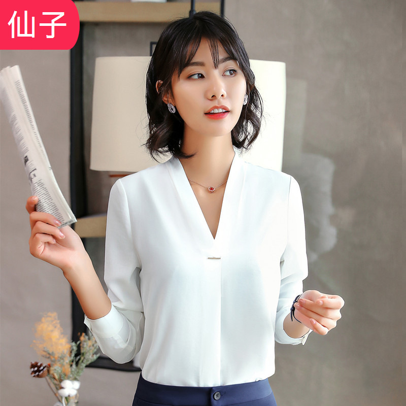 春秋新款棉麻V领长袖衬衫女修身职业女装打底衬衣