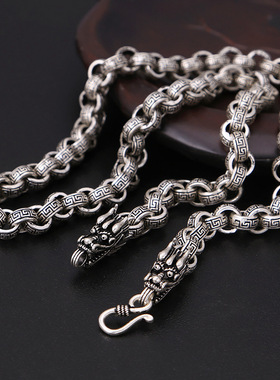 小众银饰S925纯银男士项链经典款复古泰银霸回纹龙头项链银饰饰品