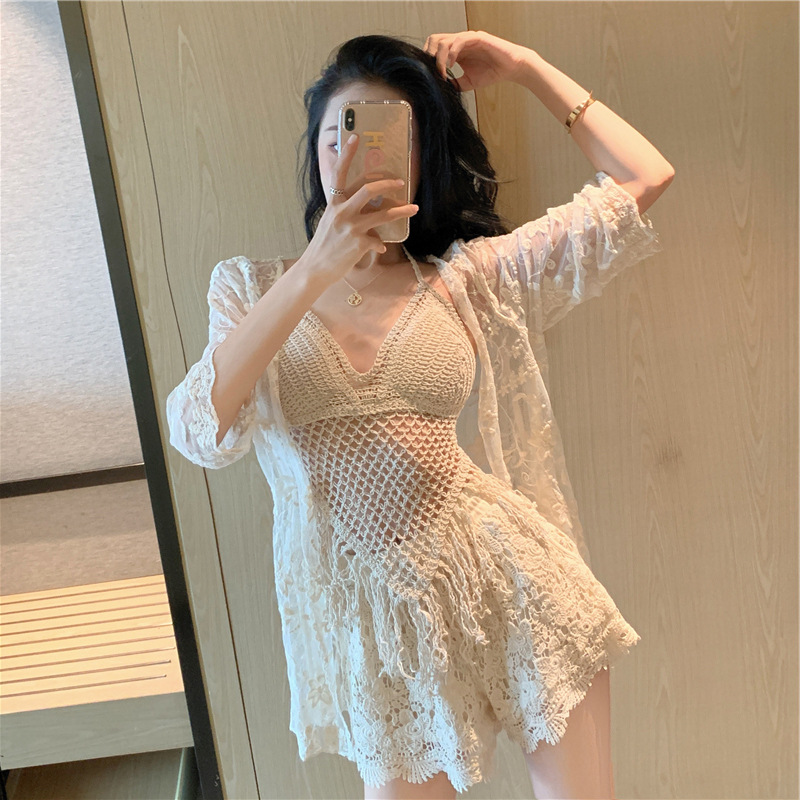 水溶蕾丝百搭防晒开衫气质上衣三件套勾花吊带抹胸松紧腰休闲短裤