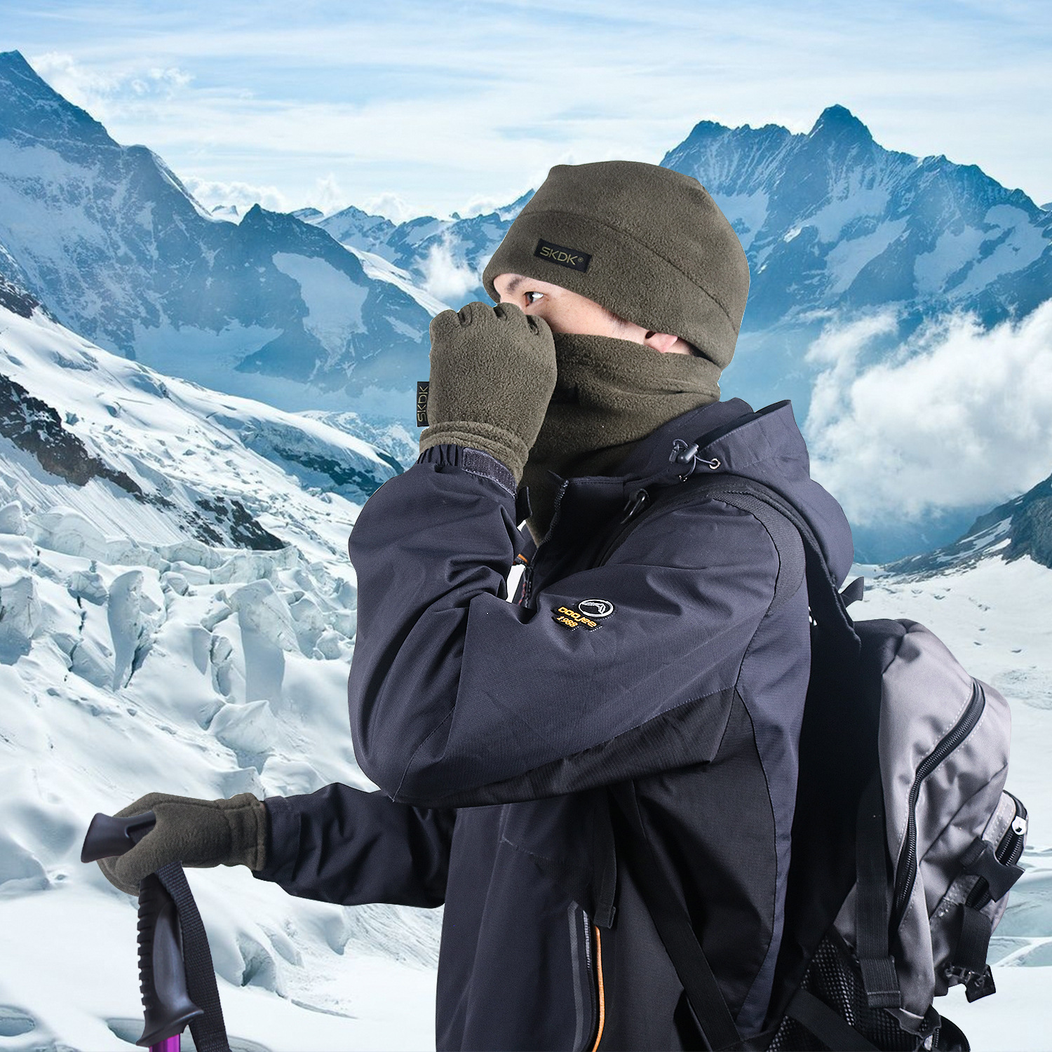 新款冬季抓绒三件套帽子围脖手套运动户外冬季滑雪登山保暖套装男
