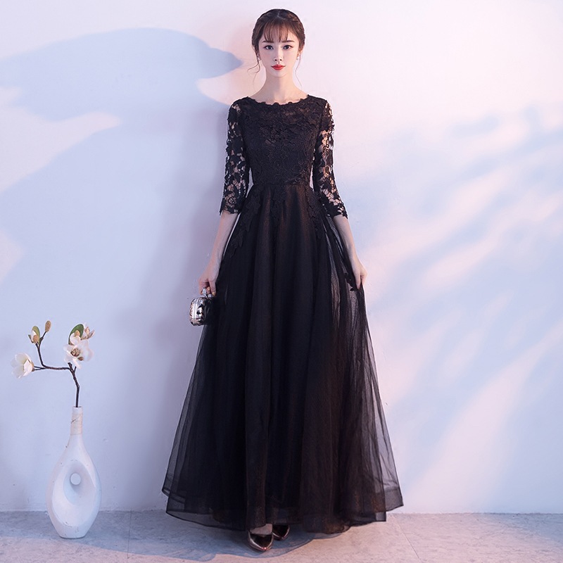 黑色晚礼服裙女2026新款贵优雅长袖晚宴主持人长款宴会修身显瘦款