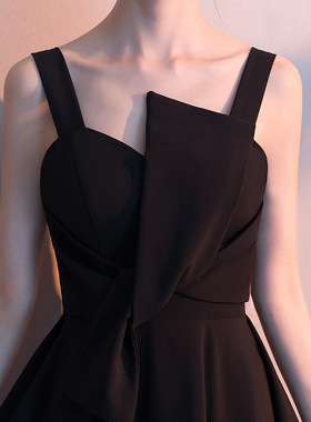 黑色宴会小晚礼服女简大方仙女系气质主持人显瘦名媛连衣裙