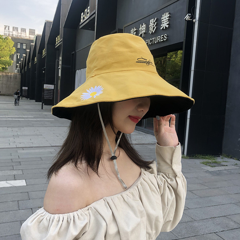 小雏菊大檐渔夫帽女春秋季双面戴双层时装帽日系网红盆帽新款帽子