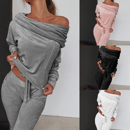 Solid color casual one shoulder two-piece set 女一字肩两件套