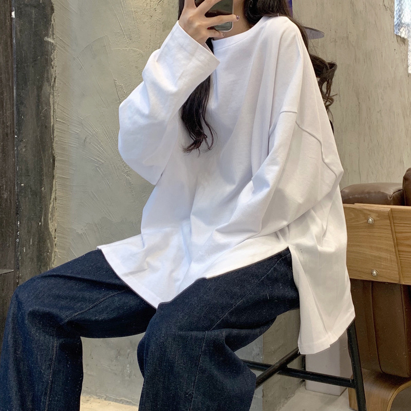 2026秋装开叉纯色长袖T恤女T恤