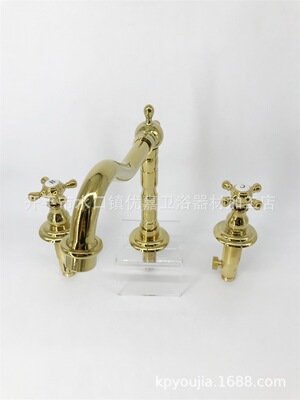 开平优嘉卫浴 三件套镀金欧式转动龙头钛金双把洗手盆水龙头30626