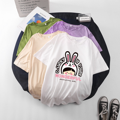 实拍欧美风体恤衫女短袖宽松T恤女简约t-shirt图案一件印刷