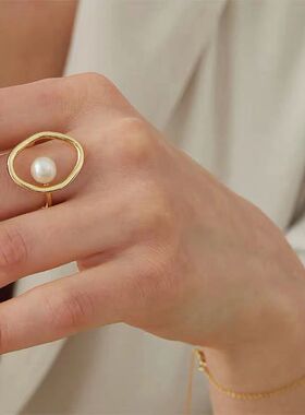 特价 艺术感曲线珍珠金属开口戒指chic金色复古戒指女食指戒