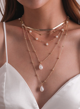 SPARKLE「海岛薄雾」珍珠吊坠多层项链女时尚新款复古手工简约饰