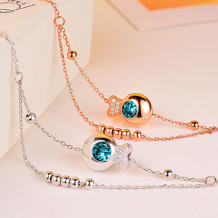 入梦925纯银金鱼多层串珠脚链轻奢韩版镶钻泡泡脚饰生日礼品女