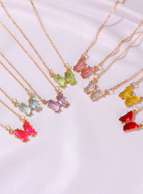 网红ins风玻璃水晶蝴蝶项链 韩国超仙梦幻透彩玻璃蝴蝶锁骨链颈链