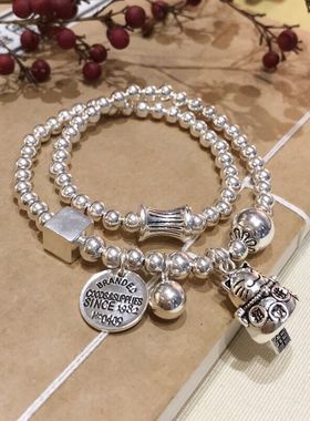 S925纯银手链女韩国复古手工招财猫圆牌多圈银珠时尚百搭手串礼物