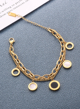 黑白贝罗马数字双层钛钢手链女手工流行饰品新品上市手环配饰首饰