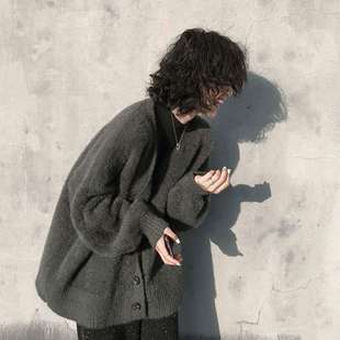 跨境克重貂绒感针织开衫女秋冬厚款宽松灯笼袖毛衣外套