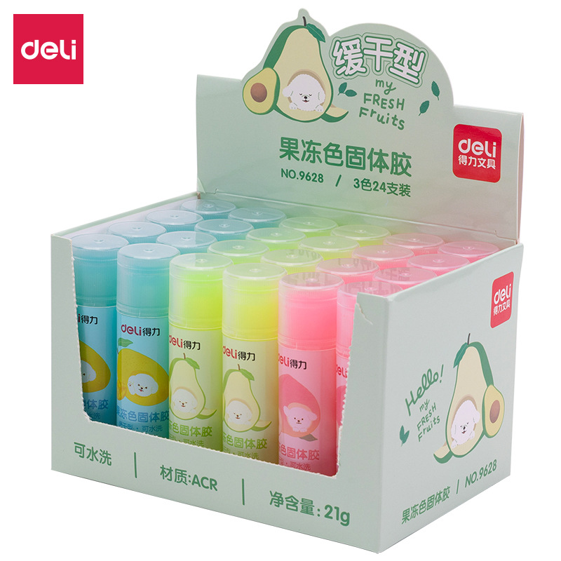 得力9628果冻色固体胶棒9627粘度学生用21g 幼儿园手工透明胶棒
