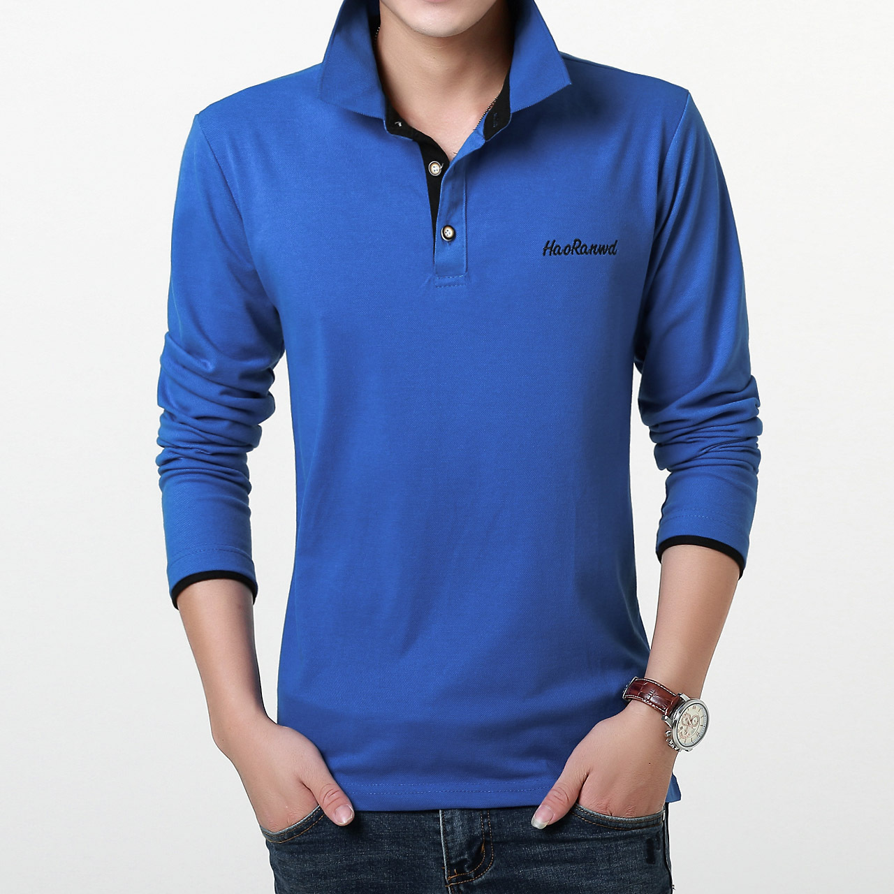 t恤翻领polo衫长袖刺绣纯色体恤衫men's long shirts solid color