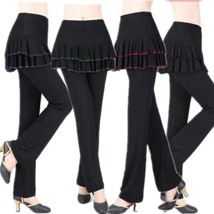 广场舞服裙裤莫尔中老年纯黑色双层舞蹈长裤跳舞裤裙女士运动表演