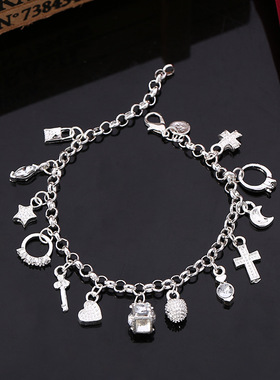 跨境欧美饰品 925银气质时尚十三吊件手链女士多元素时尚简约饰品