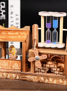 创意发条风车沙漏音乐盒摆件 镜面跳舞卡通熊生日礼物木质八音盒