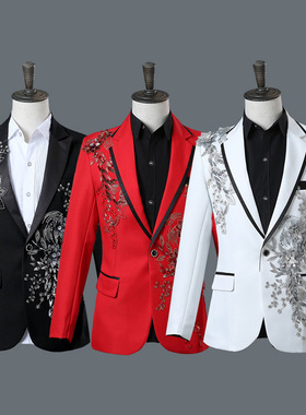 男士红蓝黑白色镶钻演出西服套装晚会主持人司仪歌手时尚西装礼服
