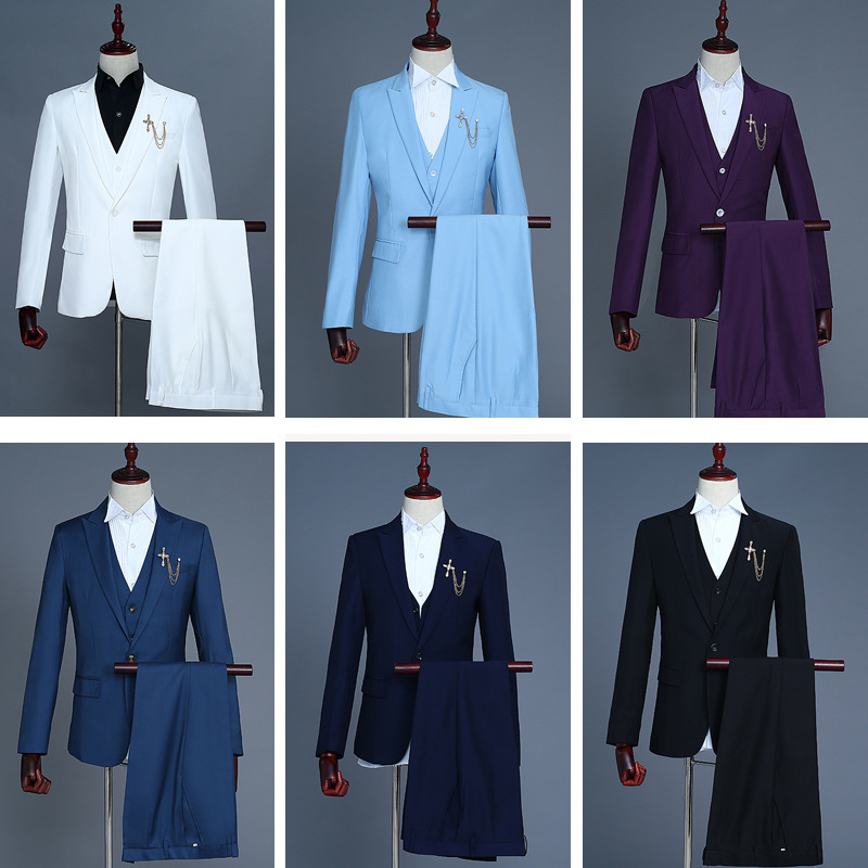 男时尚彩色西服马甲裤三件套装主持人歌手演出西装礼服影楼男服装