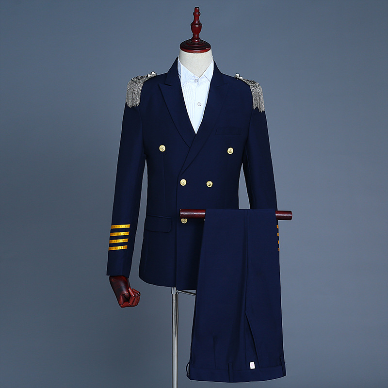 男士演出西服双排扣流苏肩章机长制服黑白蓝色晚会主持人西装礼服