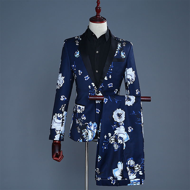 蓝色印花男士西装礼服演出西服图片