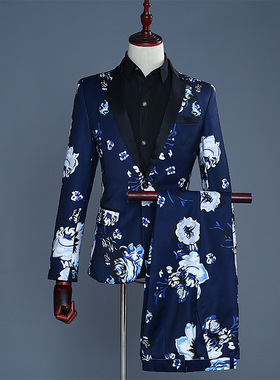 舞台影楼男装蓝色印花演出西服套装主持人司仪歌手时尚西装礼服装
