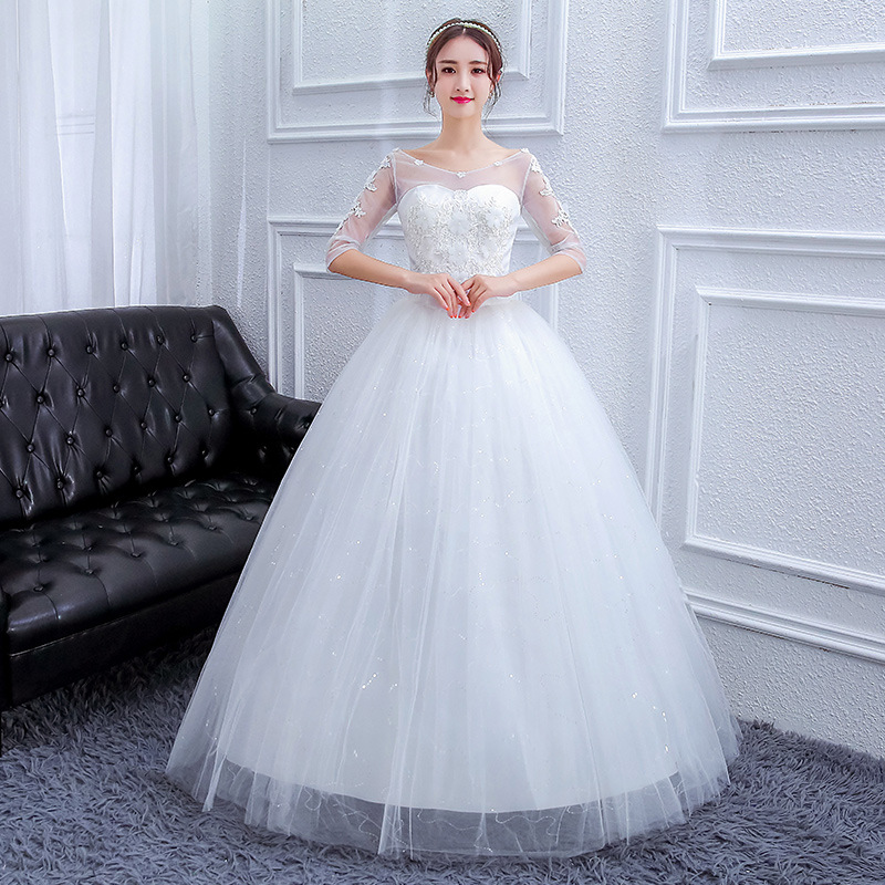 一字肩大码婚纱2025新款新娘结婚礼服影楼白纱显瘦加胖齐地袖子