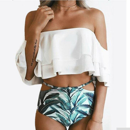 Bikini swimsuit sexy ruffled one shoulder split swimsuit
