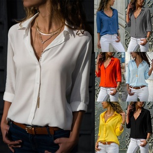 Women's Long-Sleeve Deep V-Neck Button Chiffon Blouse shirts