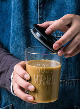 ins玻璃杯带盖子水杯茶杯goodmorning家用随手杯早餐杯果汁杯子