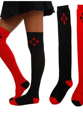 时尚black milk红黑菱格长筒袜棉袜 harley quinn 哈利奎恩女袜子