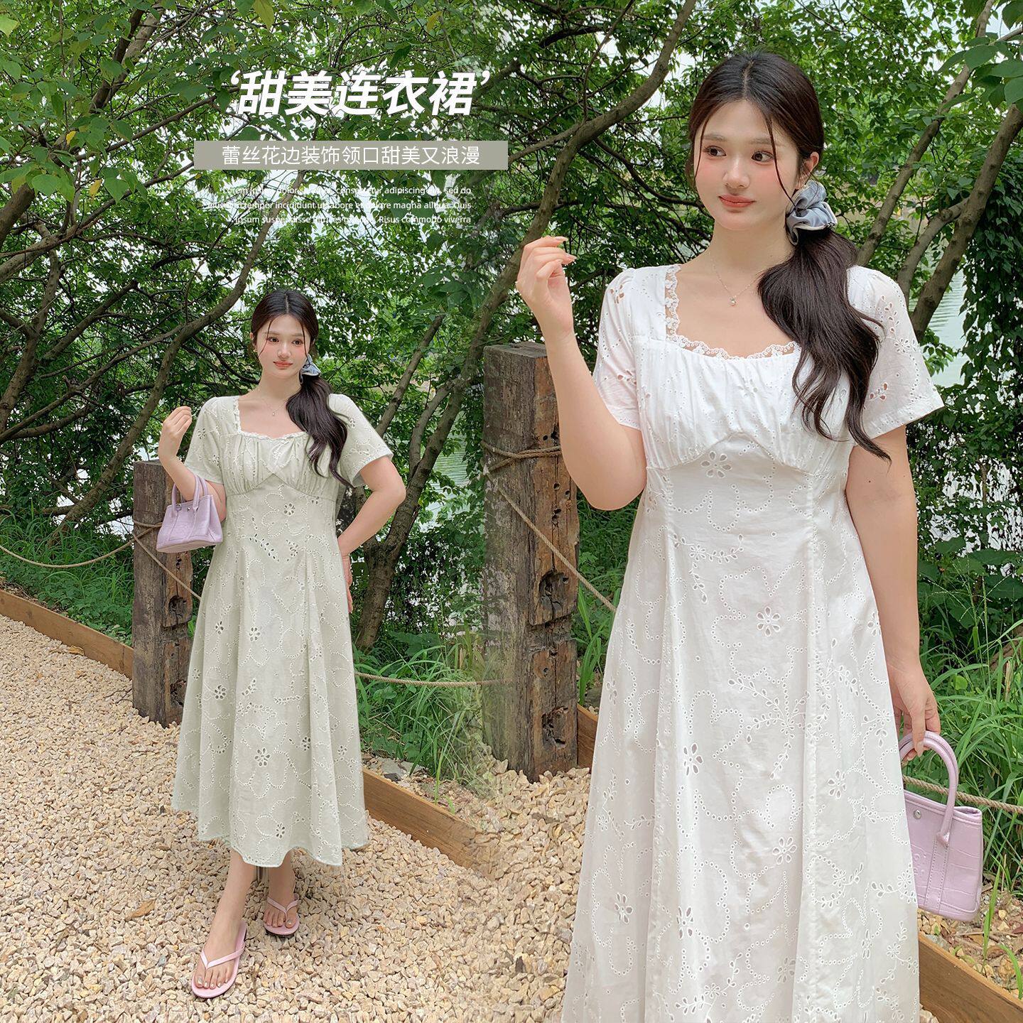 大码女装温柔田园风方领蕾丝花边连衣裙2026夏新款镂空绣花裙子