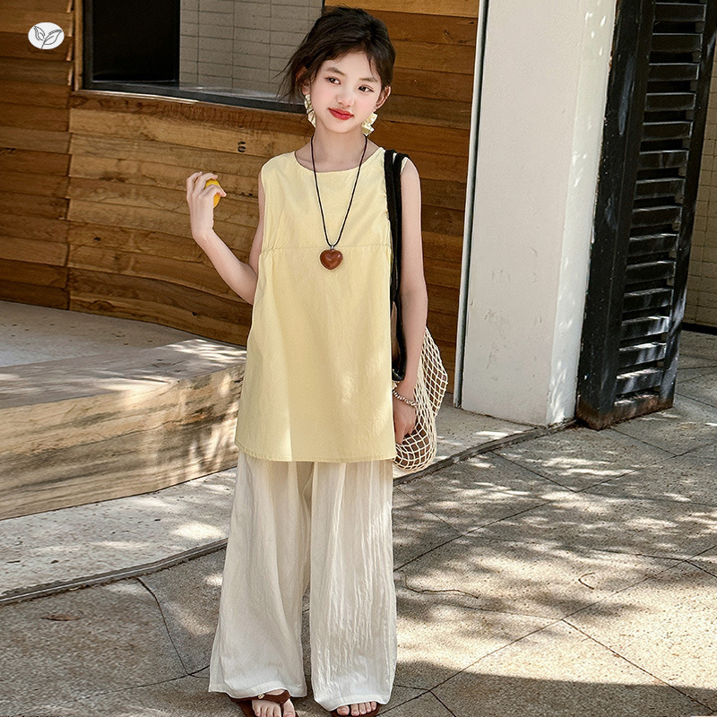 女童夏套装2025新款无袖背心阔腿裤两件套中大童休闲垂感直筒裤薄，童装休闲套装，祺儿童装