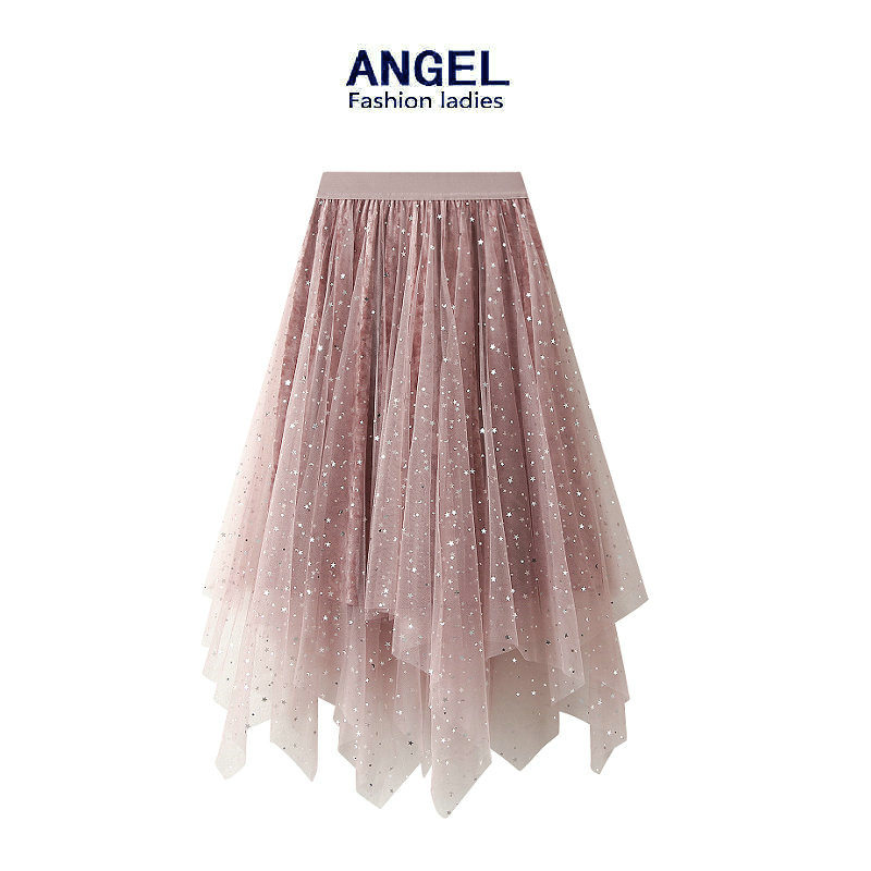 蓬蓬星空网纱半身裙秋2022新款韩版不规则丝绒裙子中长款女0310