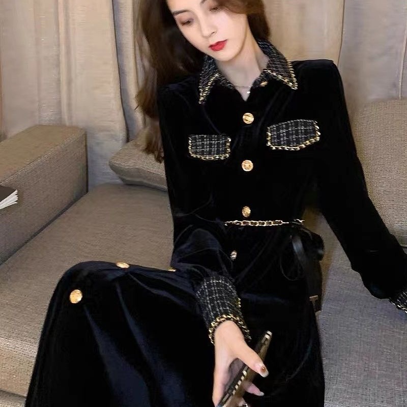 名媛气质小香风连衣裙女秋冬装高端收腰显瘦长袖端黑色丝绒长裙子