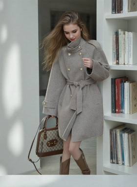 秋冬2025新款韩版灰色夹羽绒大码毛呢外套长款气质毛呢大衣200斤