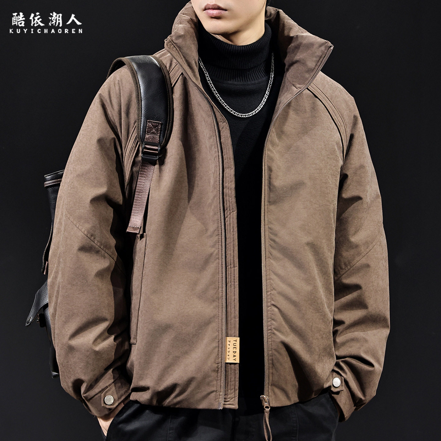 美式鸭绒立领羽绒服男冬季2025新款保暖男士潮牌工装外套宽松大码