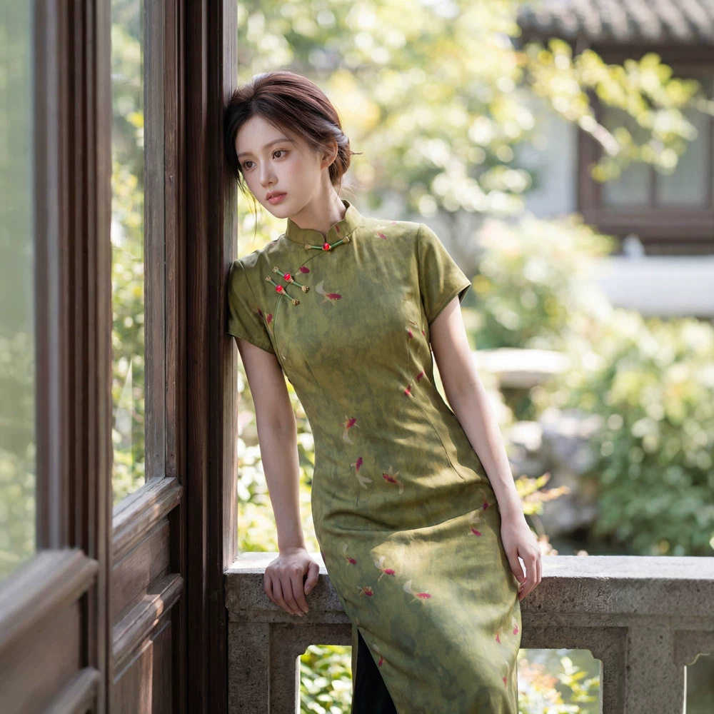 绿色网纱送考夏长款旗袍女2026夏新款少女短袖年轻款连衣裙礼服