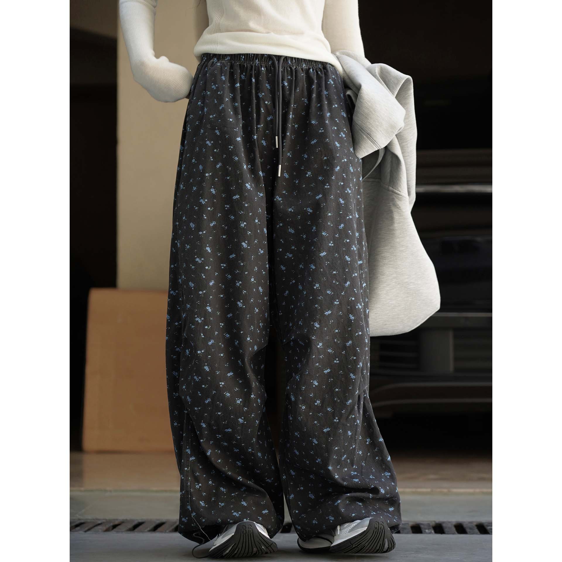 卢浮秋季新款波西米亚复古碎花松紧抽绳休闲裤腰垂感长裤女